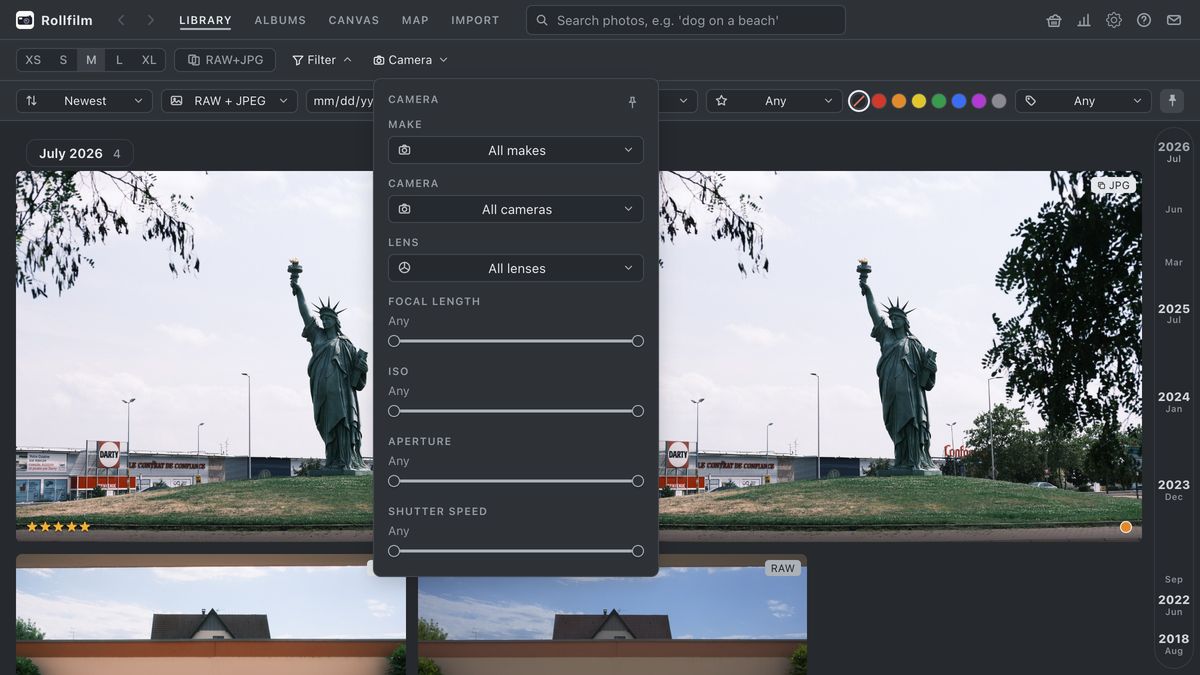 The Camera filter popover above the library: make, camera and lens lists, and range sliders for focal length, ISO, aperture and shutter speed.