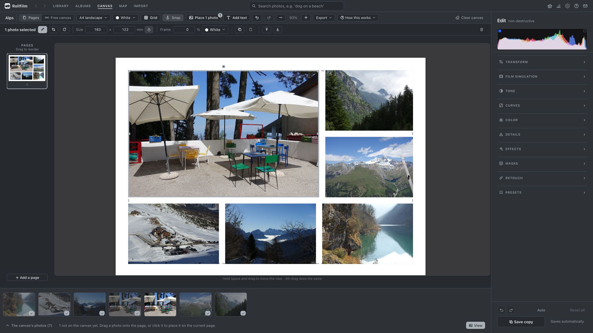 The canvas with one photo selected and the photo editor docked beside the page.