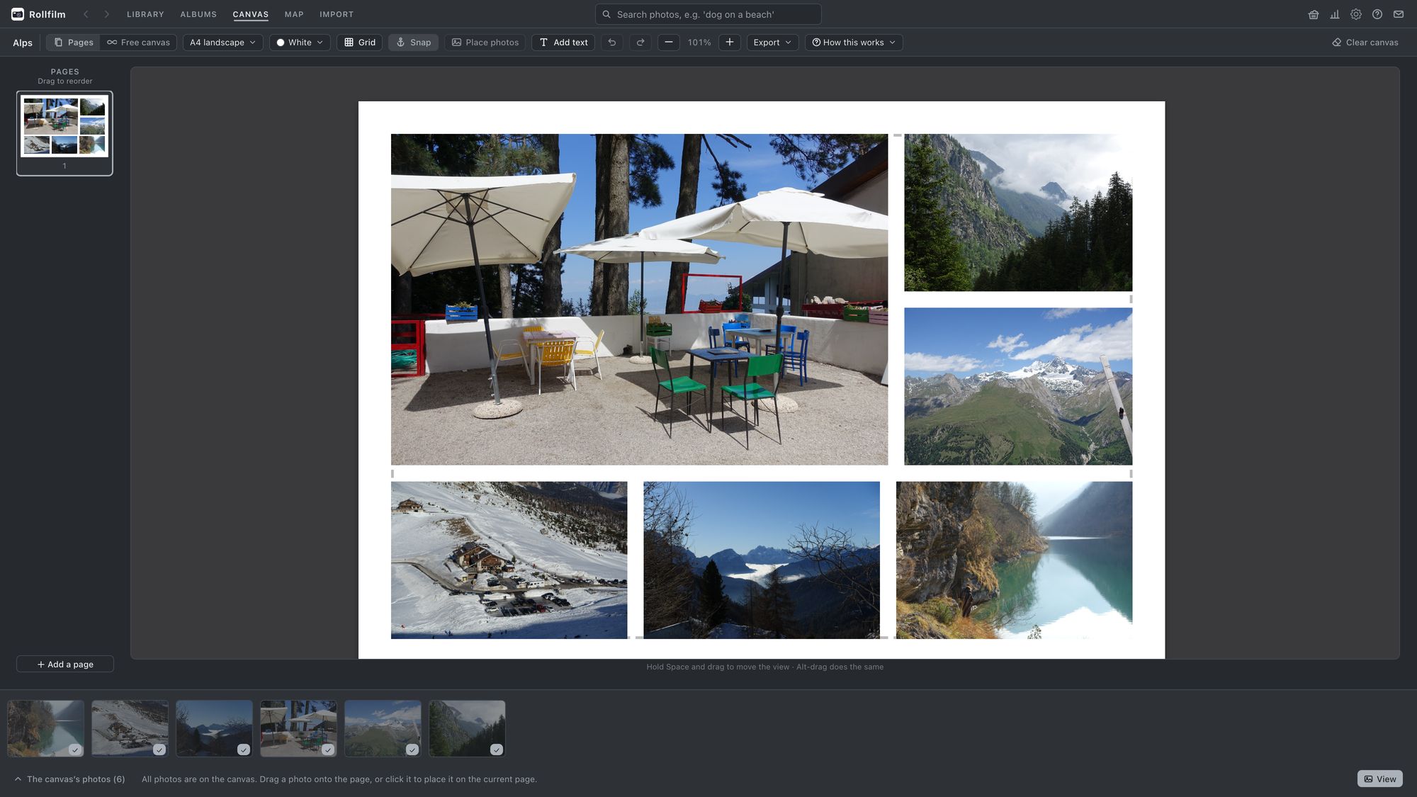 The canvas editor: six photos laid out on an A4 landscape page, with the page list on the left and the canvas's photos along the bottom.