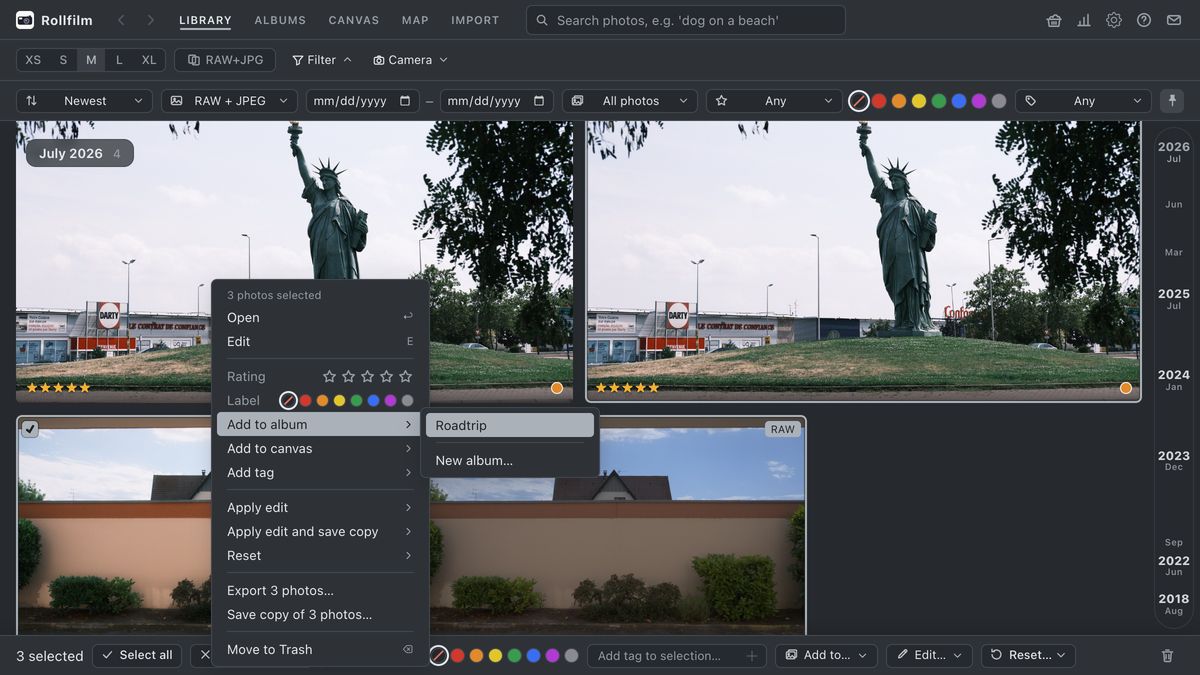 The grid's right-click menu over three selected photos: rating, label, add to album with the album list fanned out, add to canvas, tags, apply edit, export, save copy and trash.
