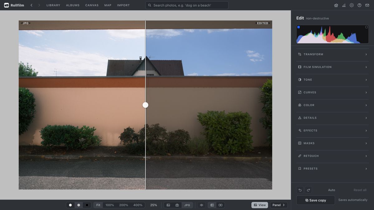 A RAW edit compared with the JPG the camera saved beside it, split by a draggable line.