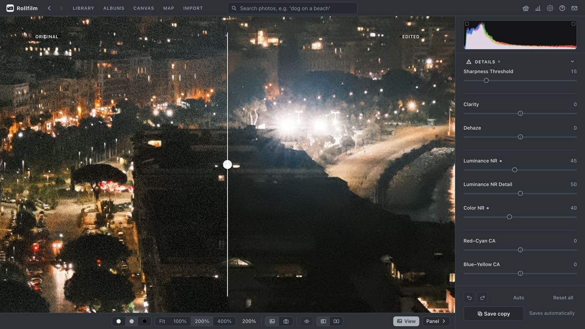 A night photo at 200% zoom, split between the noisy original and the version with luminance and colour noise reduction.