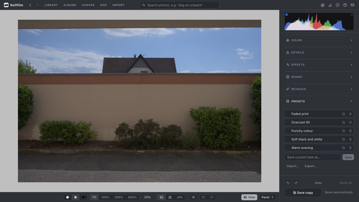 The editor's preset list with five saved looks, a field to save the current look, and Import and Export.