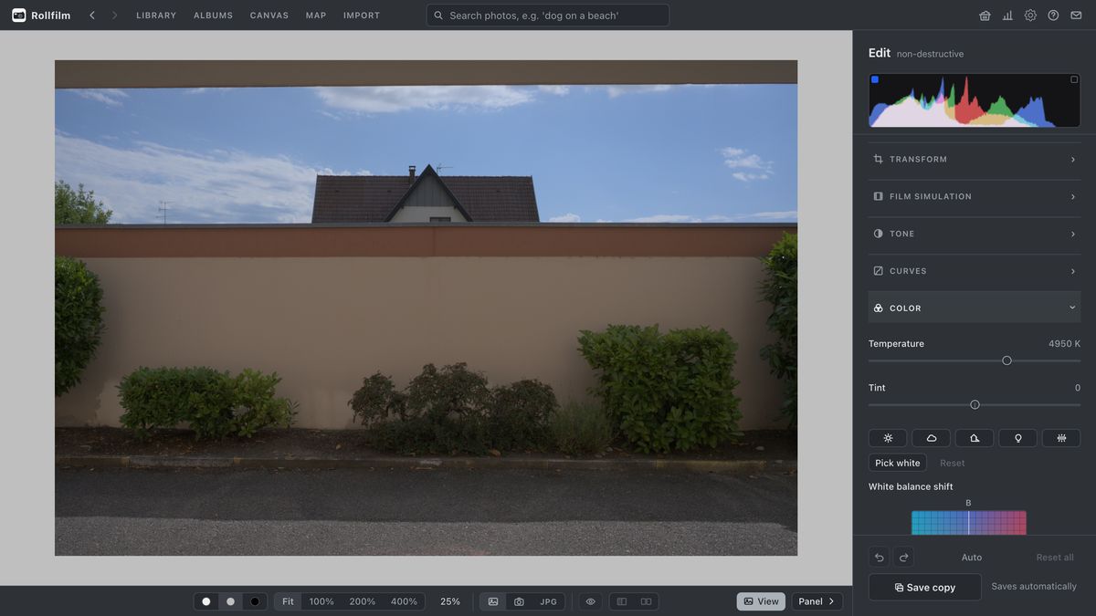 White balance in the editor: temperature in Kelvin, tint, presets for daylight, cloudy, shade, tungsten and fluorescent, and a white balance shift pad.
