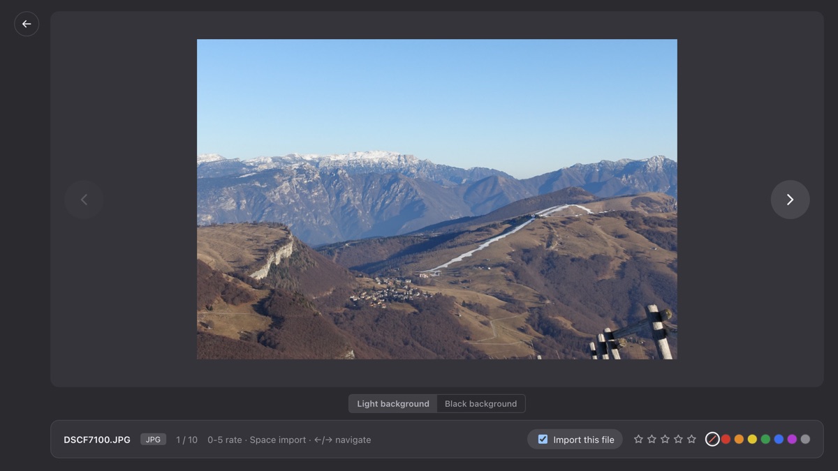 The import light table: staged photos side by side for comparison before anything is imported.