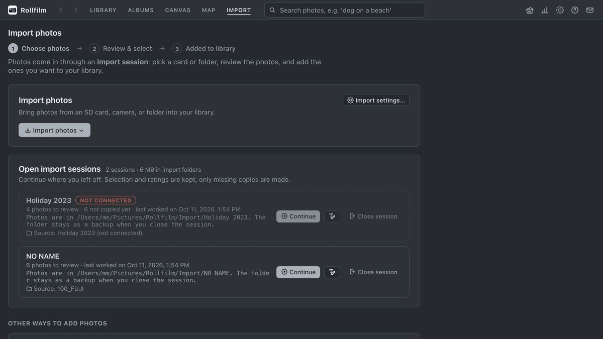 Open import sessions on the import page: one card still connected, one folder not connected, each with Continue and Close session.
