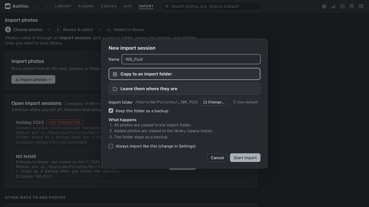 The New import session dialog: a name, the choice between copying to an import folder and leaving the photos where they are, and a switch, on by default, to keep the import folder as a backup.