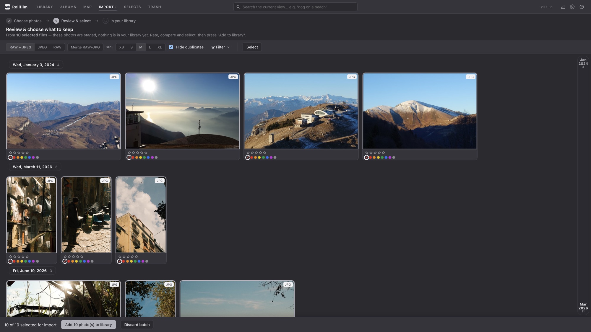 The import review step: staged photos grouped by day, each with stars and a colour label, and an Add to library button at the bottom.