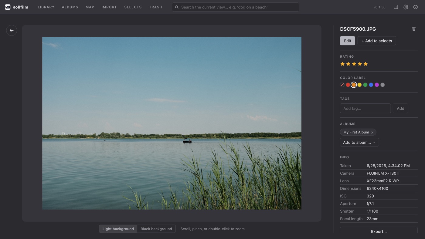A single photo with its rating, colour label, tags, albums and camera details beside it.