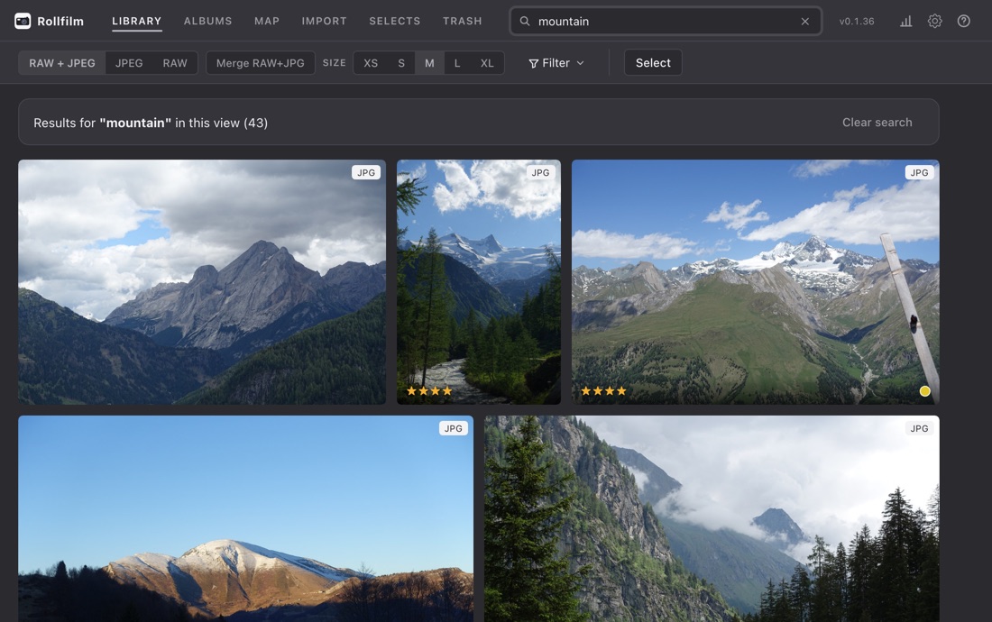 Semantic search: typing a description returns matching photos.