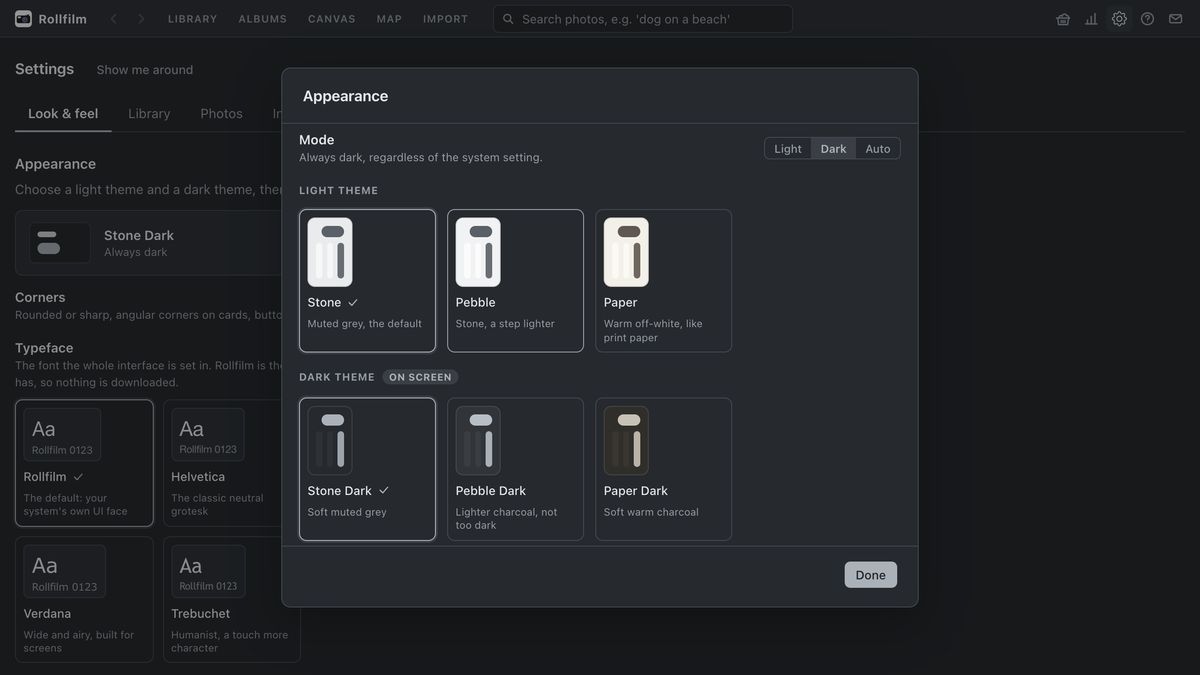 The Appearance dialog: Stone, Pebble and Paper as light themes, their dark counterparts below, and a Light, Dark or Auto switch.